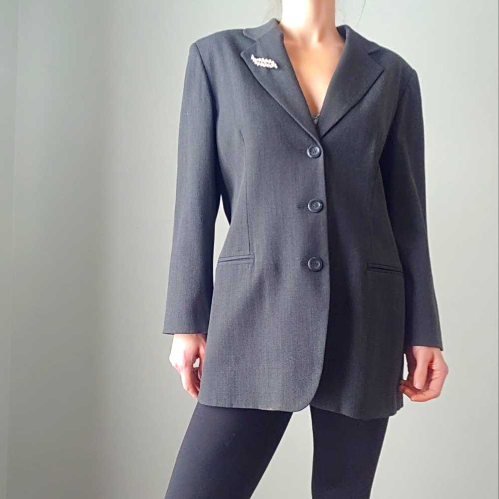 Louben | Gray Three Button Padded Shoulder Blazer Jacket